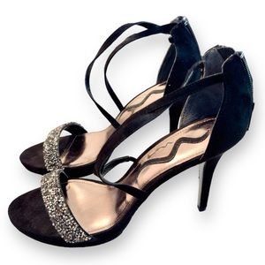 NINA Raelle Glam Rhinestone Black Leather Suede Strappy Stiletto High Heels
